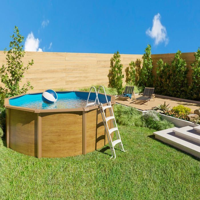 Piscina redonda elevada de acero CANYON de Ø 3,65 x 1,20 m con acabado imitación madera.