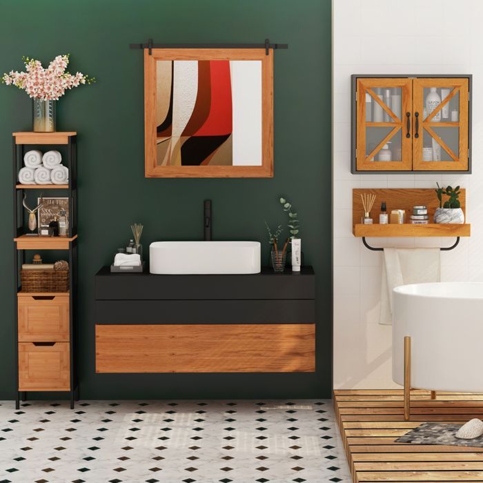 Badezimmerschrank mit Säulenform – HOMCOM – gemütlicher Stil, 3 Ablagen, 2 Schubladen, platzsparender Stauraum – Bambus – 30 x 30 x 144 cm – schwarz