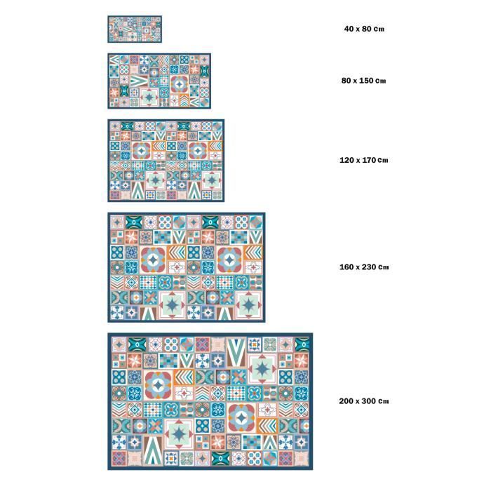 Tapis Vinyle Panorama Style Carreaux Ciments Multi 200x200 cm - Tapis pour Cuisine, Bureau et Salon en PVC