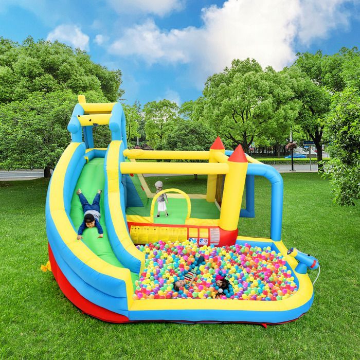 Castillo hinchable 5 en 1 para niños de 3 a 10 años, castillo hinchable exterior con tobogán, piscina y portería de fútbol, tamaño 364 × 315 × 239 cm.
