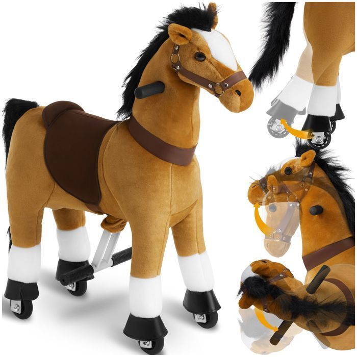 Juguete infantil - TECTAKE - Caballito balancín con ruedas, poliéster y acero, 29 x 76 x 85 cm - Marrón claro