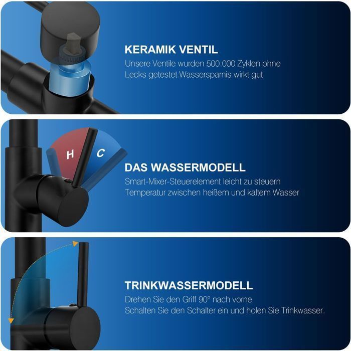 Keukenkraan - 360° draaibaar - Veerbelast met uittrekbare sproeier - Uittrekbare keukenmengkraan - Zwart