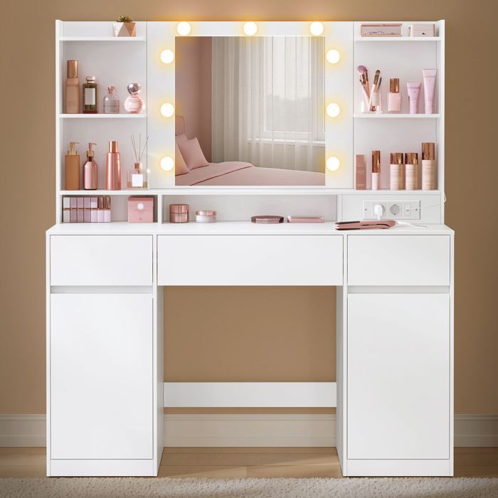 Dressing table with LED mirror - VASAGLE - 3-color lighting - 9 bulbs - Integrated power strip - 2 cupboards - 3 drawers