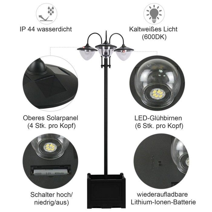 Black metal solar floor lamp IP44, garden lantern 60 x 55 x 189 cm with flower pot base - Decorative outdoor balcony lighting