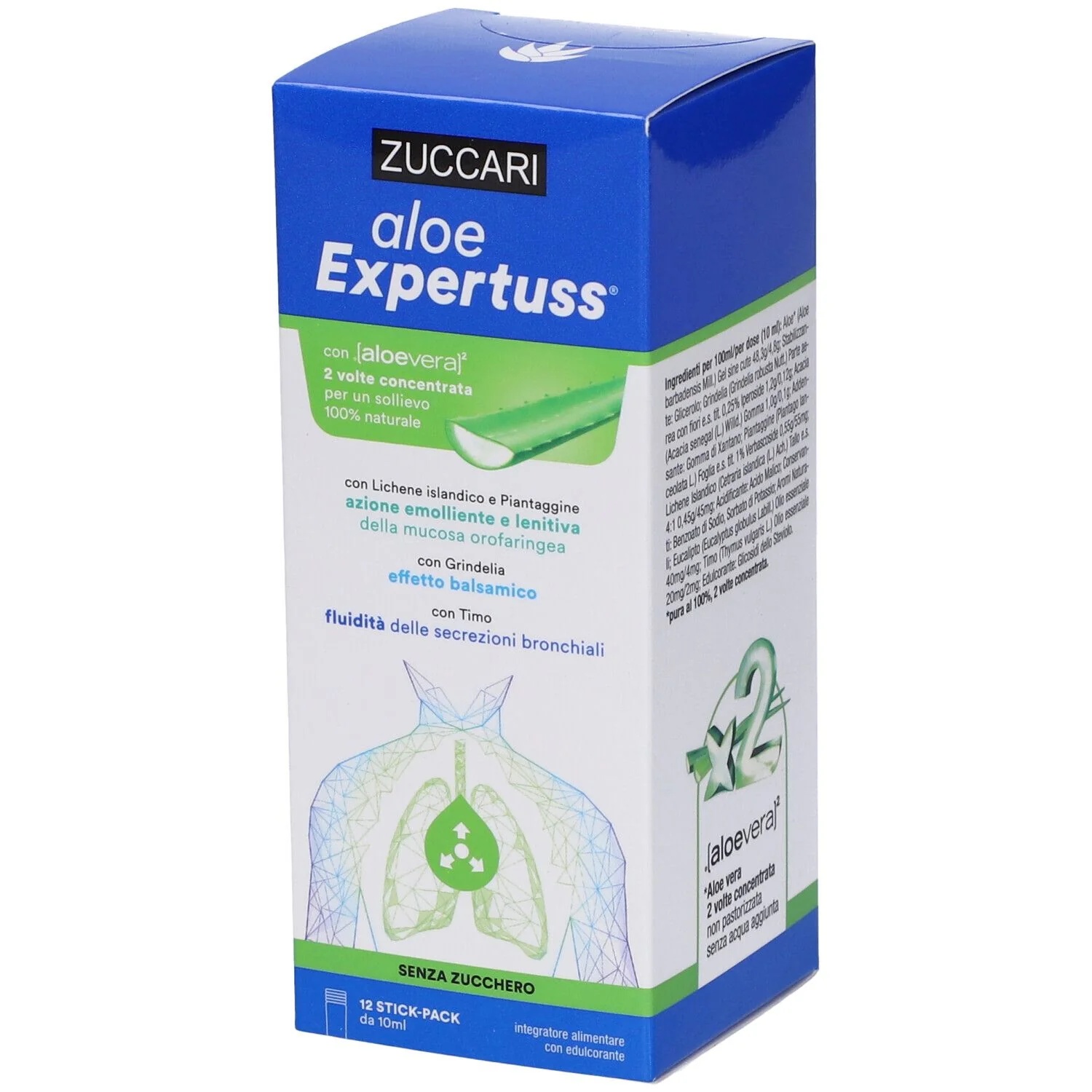 ZUCCARI Aloë Expertuss voor volwassenen, 12 sachets van 10 ml, balsemende werking