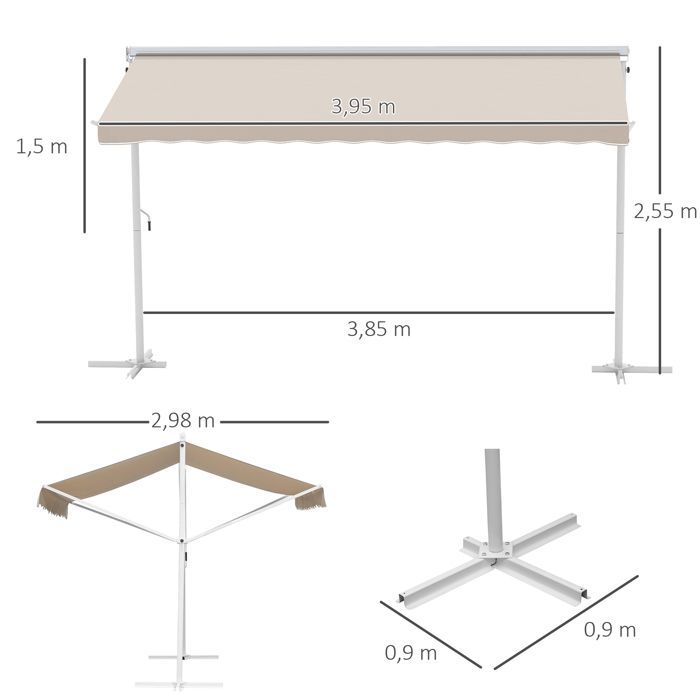 Toldo doble inclinado de 4 x 3 m, retráctil manual, con inclinación ajustable, color blanco, metal recubierto de epoxi, poliéster impermeable, resistente a los rayos UV y color beige.