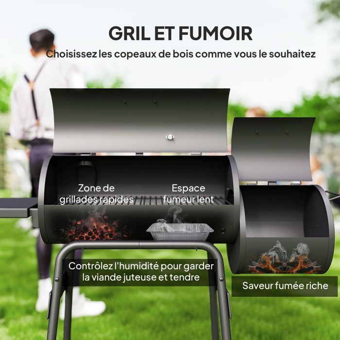 Barbecue à charbon - Outsunny - fumoir BBQ grill smoker sur pied couvercle roulettes thermomètre - acier - noir