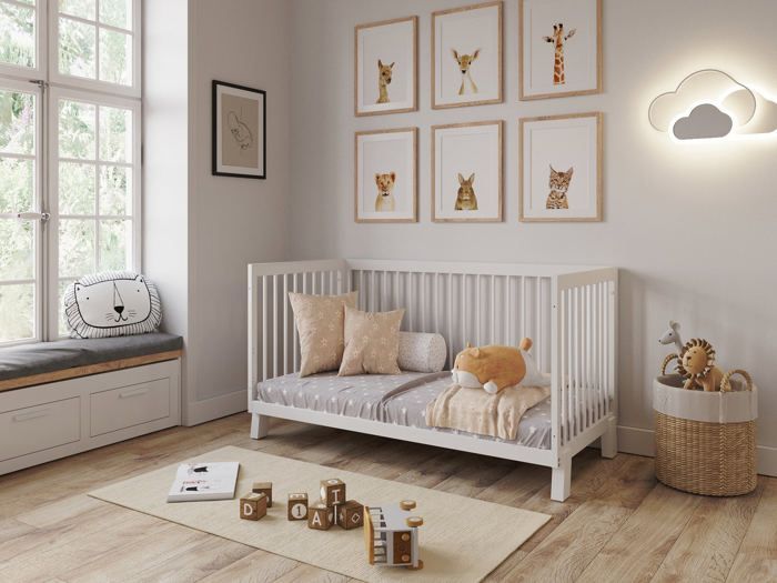 Cuna convertible para bebé de 140 x 70 cm, color blanco, cama infantil de madera 3 en 1, 3 niveles de ajuste de altura.