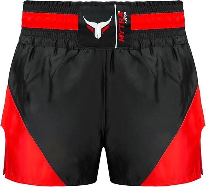 Mytra Muay Thai Shorts – Schwarz/Rot Fusion – Ultraleicht – Atmungsaktiv – Optimaler Tragekomfort