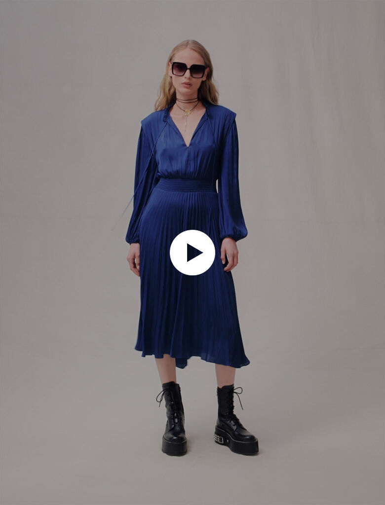Geplooide satijnen midi-jurk - Kleinblauw