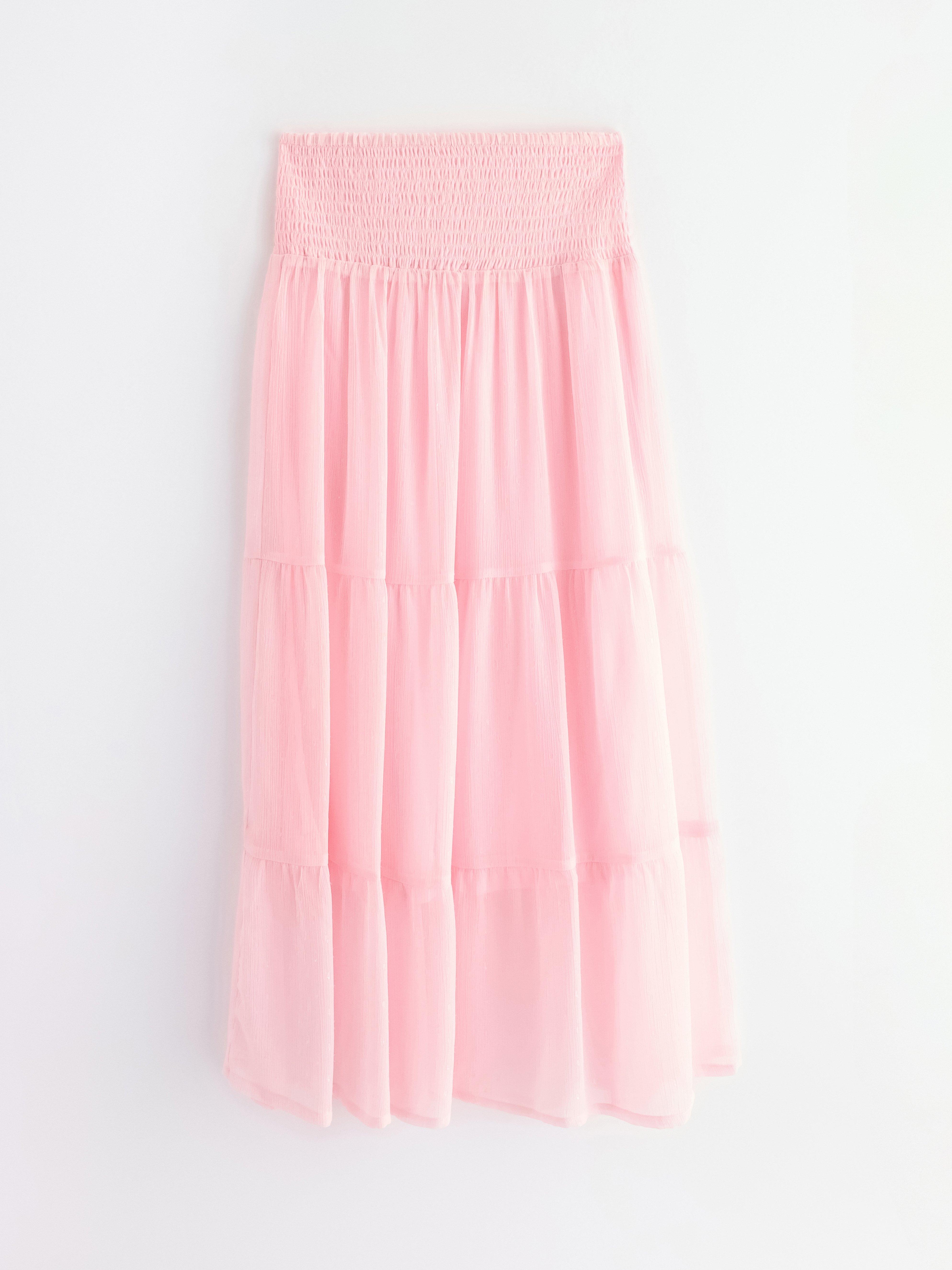 Saia maxi em chiffon rosa claro