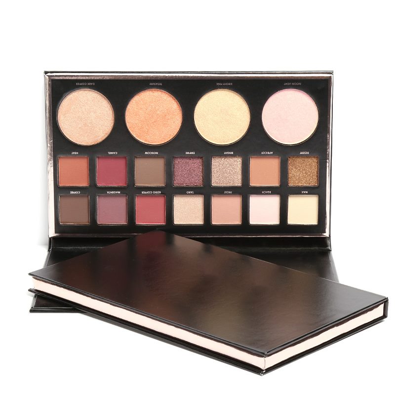 Sterk gepigmenteerde glitteroogschaduw, Flash Shimmer oogschaduw met highlighterpalet en gezichtsmake-uptools.