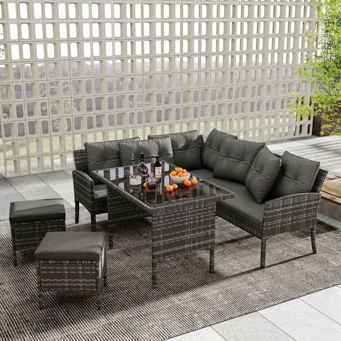 Conjunto de muebles de jardín de ratán sintético para 7 personas: 2 sofás, 2 taburetes y 1 mesa de centro. Estructura de acero. Color gris.