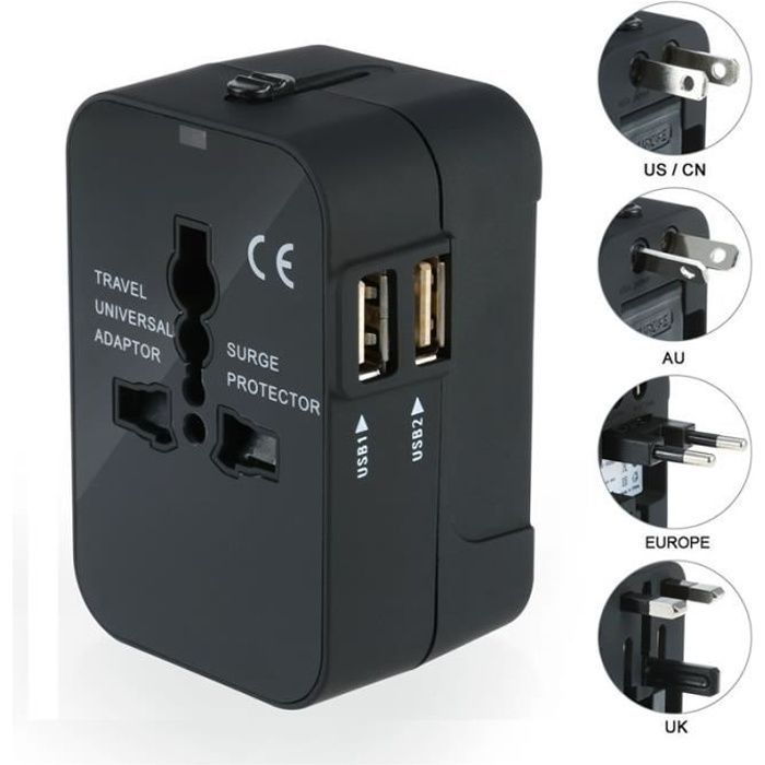 Cargador adaptador de viaje universal, compatible con EE. UU., UE, Reino Unido y Australia, con 2 puertos USB para cámaras, teléfonos móviles, tabletas y iPads, color negro.