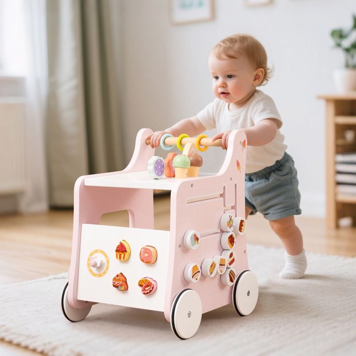 LIFEZEAL Trotteur Bebe Evolutif en Bois 1+ Ans, Chariot de Marche Bébé avec Roues et Accessoires Adorables, Compartiment, Rose