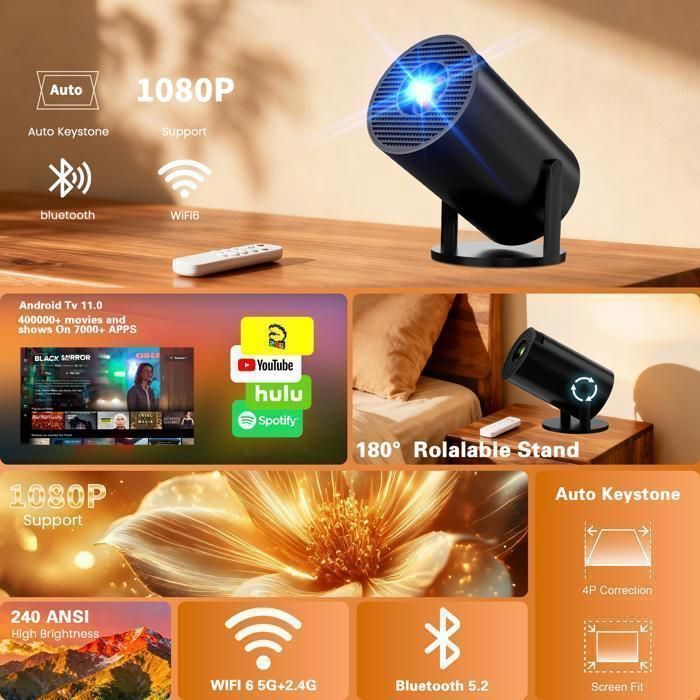 [App intégrée] Vidéoprojecteur 4K 1080P, Mini Projecteur Portable Full HD 1080P 5G WiFi 6 BT 5.4 - Noir