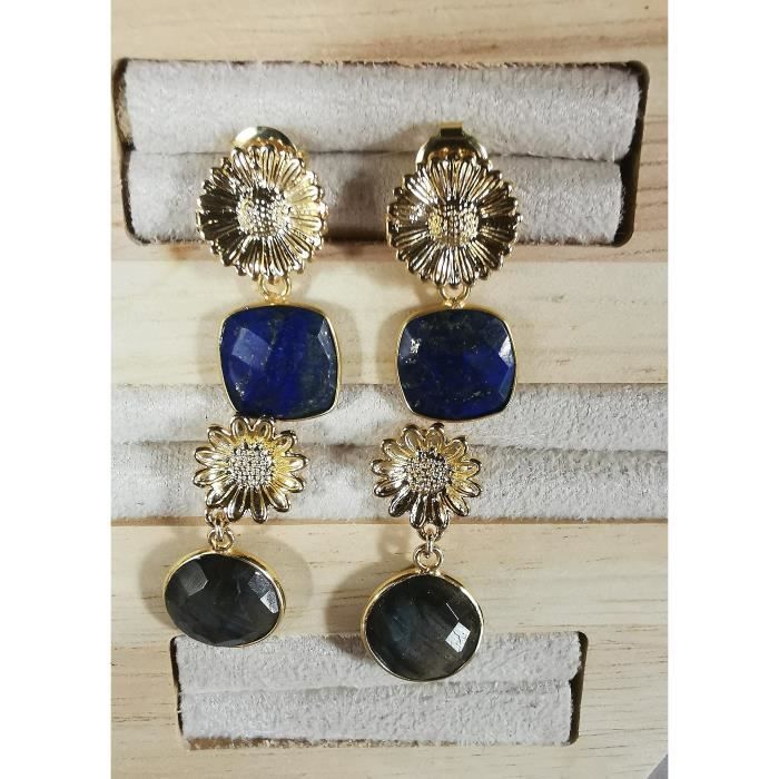 Boucles oreille MISTINGUETTE clou fleur de tournesol doré et pierre carré en lapis laz