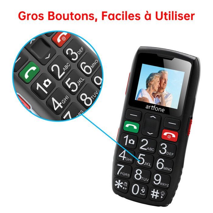 Artfone C1 4G Téléphone Portable Pour Senior - Grandes Touches - Bouton SOS pour Personnes âgées - 1.8