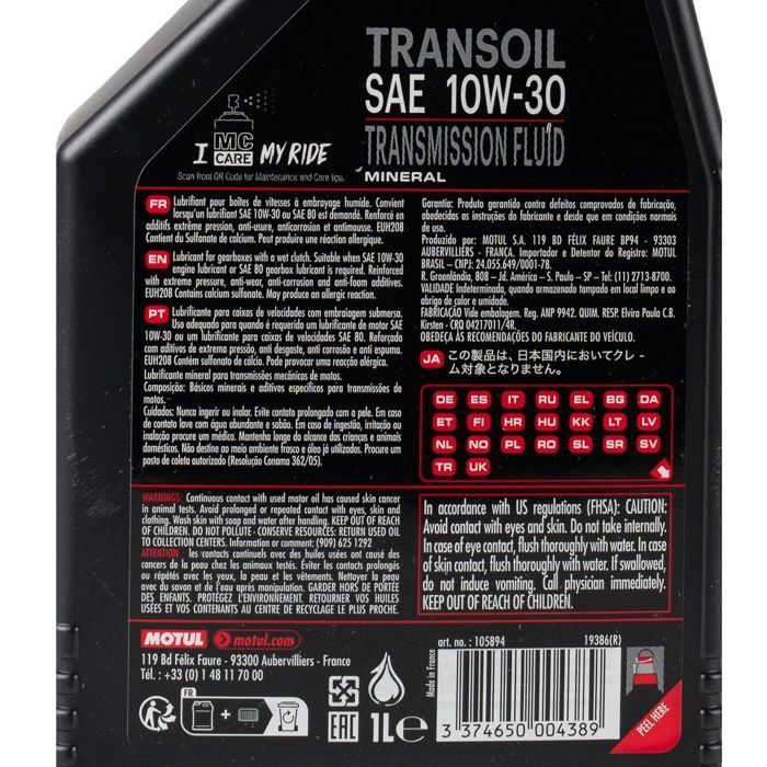 Motul Transoil SAE 10W30 Mineral Gear Oil, 1L Can