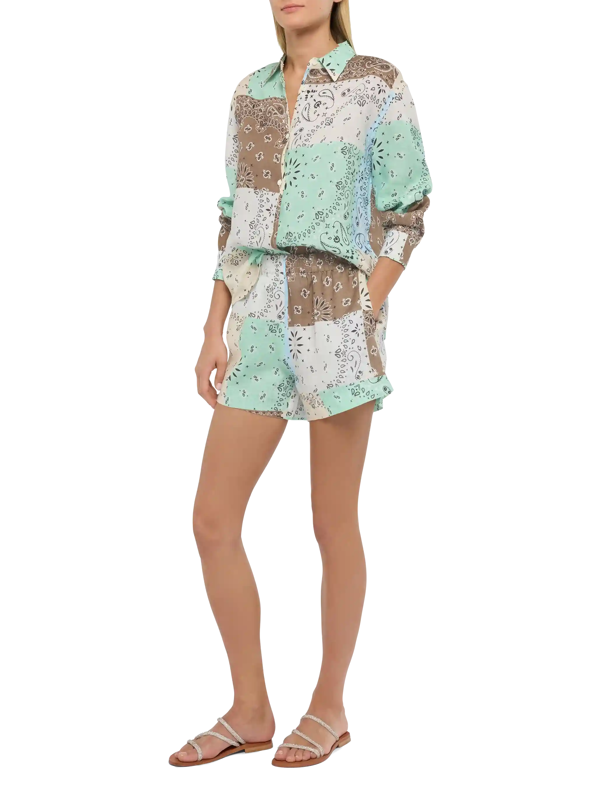 Meave shorts pull up in lino con stampa patch bandana