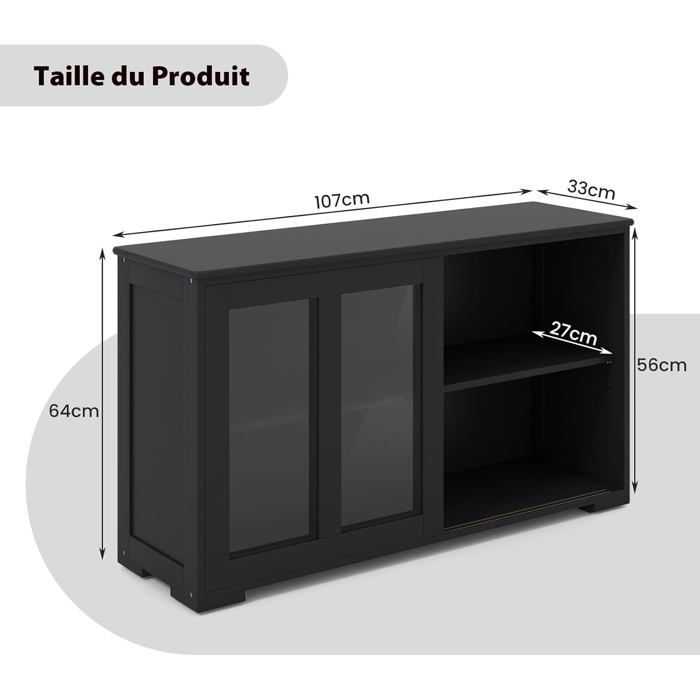 COSTWAY Buffet de Cuisine Meuble Commode Rangement Cuisine L106,5 cm – MDF Noir 2 Etagères avec 2 Porte Coulissantes en Verre