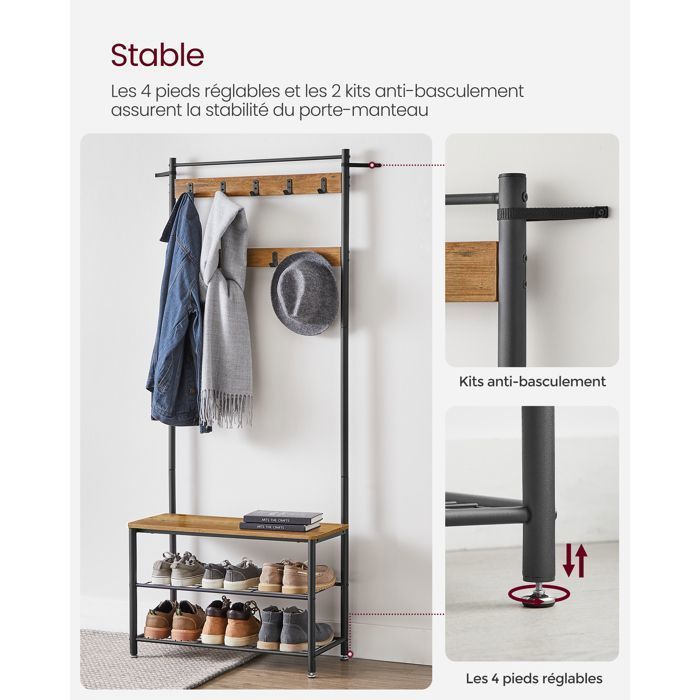Appendiabiti con scarpiera integrata VASAGLE, mobile da ingresso con panca, 3 in 1, struttura in acciaio, 32 x 70 x 177 cm, marrone e nero
