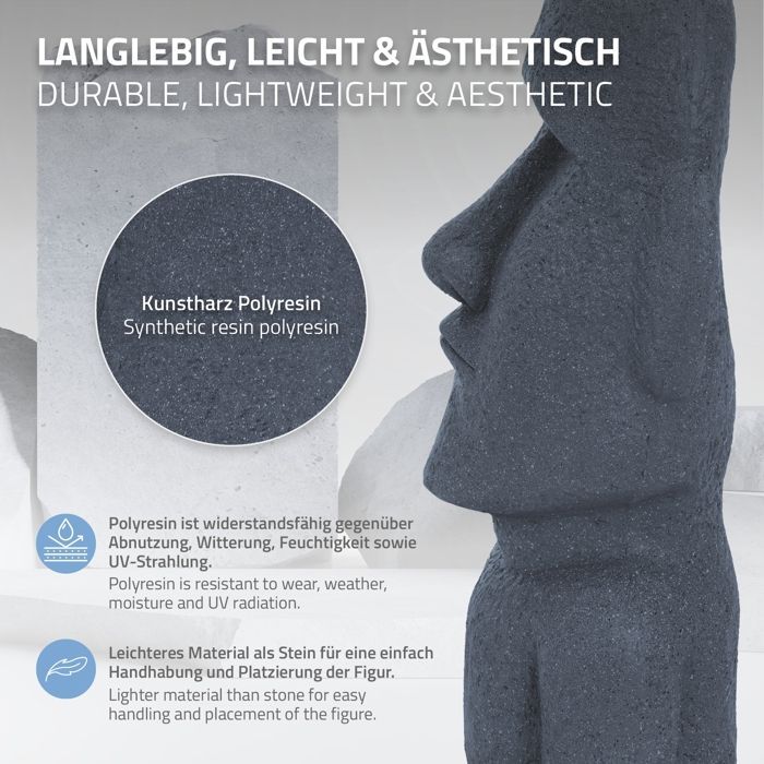 ECD Germany Statue Décorative Île de Pâques Rapa NUI Moai Tête 56 cm Haut Figure Résine Pierre Moulée Gris Ornament Jardin