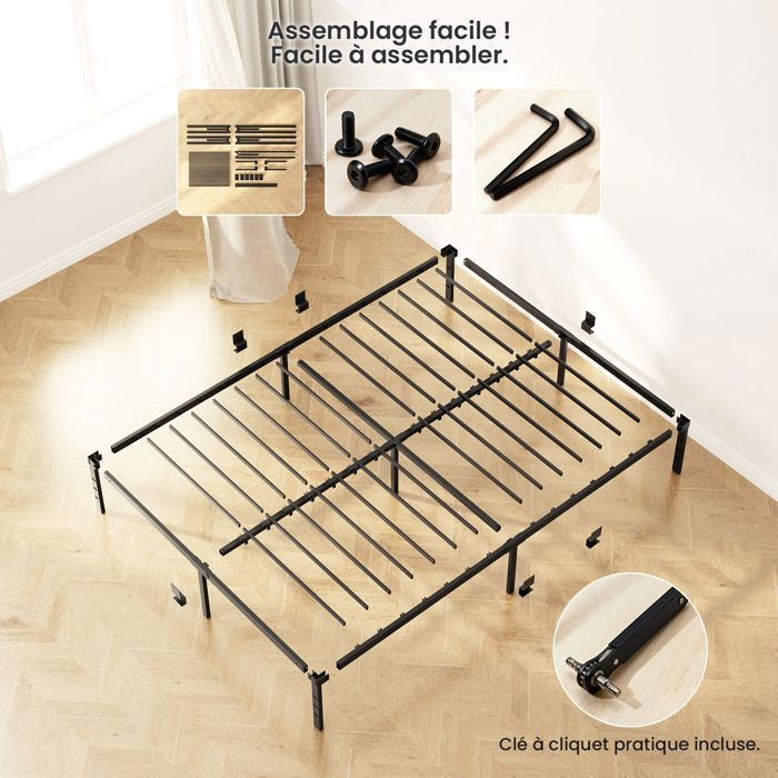 Estructura de cama para adultos - AURALUM MAX - 140x190cm - 9 patas - 14 listones metálicos - Capacidad de carga: 480kg