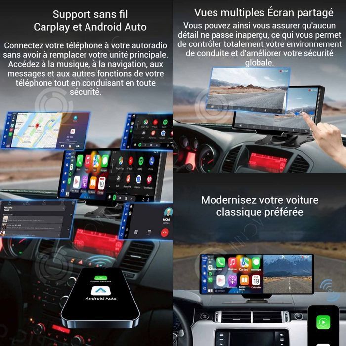Autoradio INN 7-32V con schermo touchscreen IPS da 10 pollici, telecamera posteriore 1080p, CarPlay, autoradio wireless e navigazione.