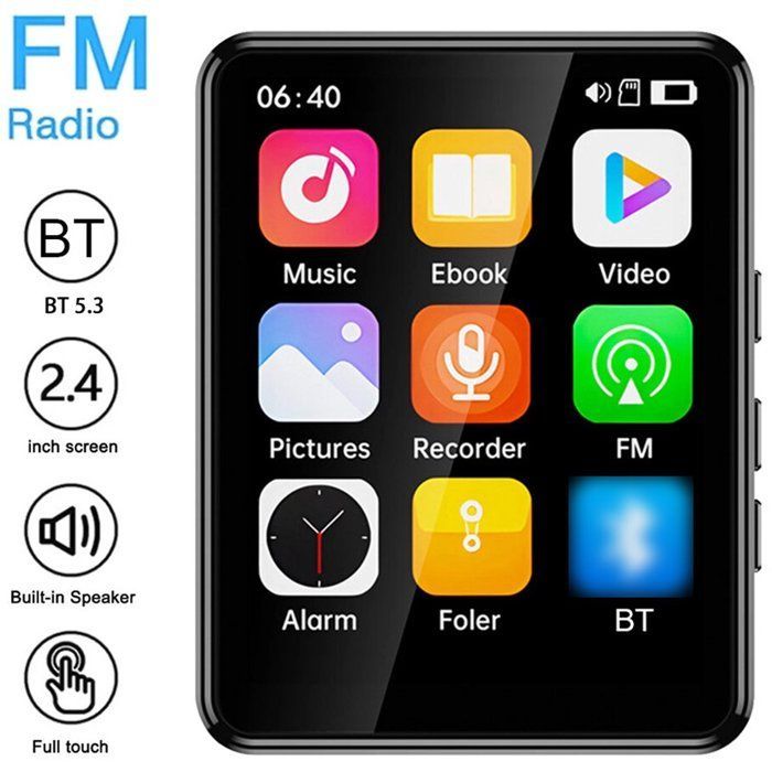 Reproductor MP4/MP3 Bluetooth, sonido HiFi sin pérdidas, pantalla táctil de 2,4 pulgadas, radio FM