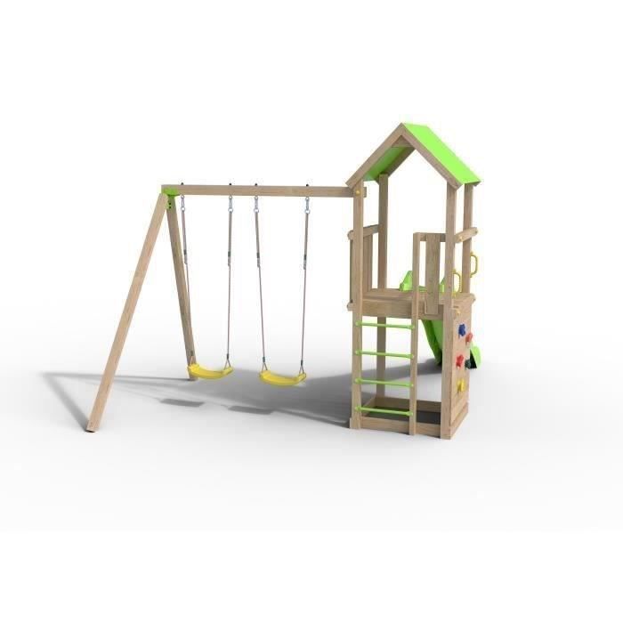TRIGANO Aire de jeux en bois SMART XPERIENCE - 2 balancoires 1 toboggan 1 mur d'escalade - 7 enfants