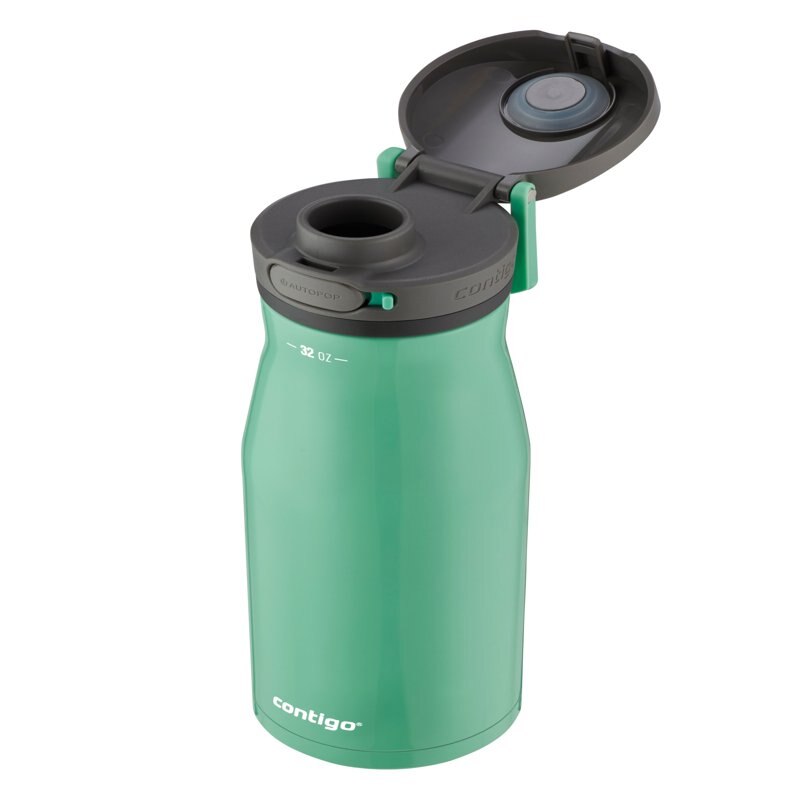 Bouteille d'eau en acier inoxydable Delightfully Shiny 32 fl oz Chill 2.0 vert clair avec bouchon à large ouverture et système d'ouverture automatique.