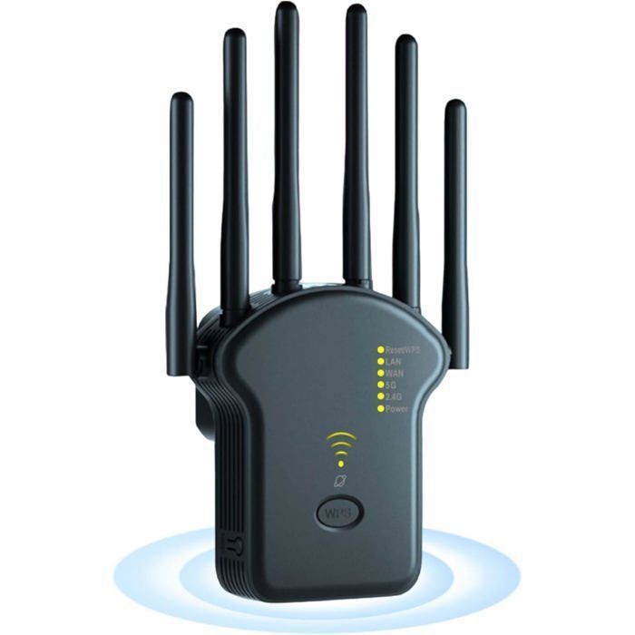 Repetidor Wi-Fi, amplificador Wi-Fi de 1200 Mbps, doble banda 2,4 GHz + 5 GHz, 6 antenas, con puerto LAN/WAN (negro)