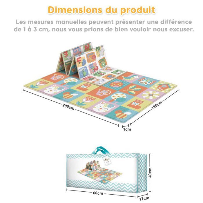 Alfombra de juegos plegable, impermeable y de doble cara para bebés - 200x180x1cm - Alfombra de actividades - Segura para bebés, no tóxica, antideslizante