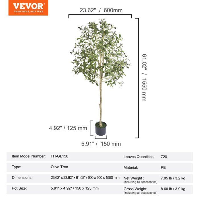 Künstlicher Baum – VEVOR – Künstlicher Olivenbaum, realistische Kunstpflanze, hoch, 600 x 1550 mm