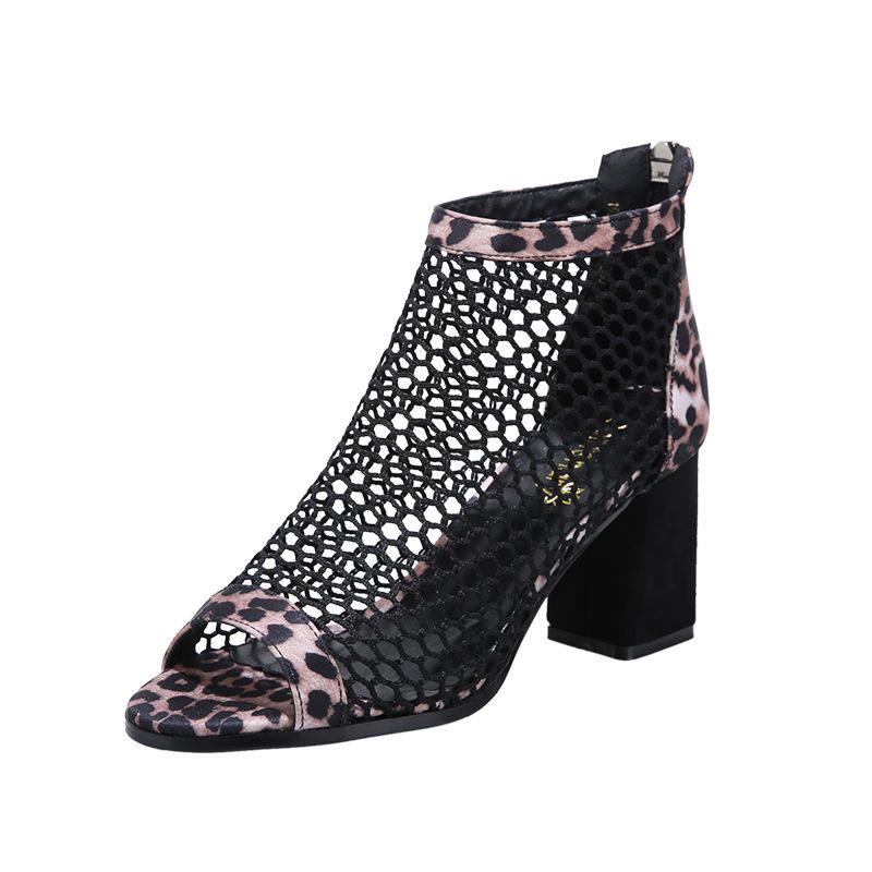 Bottes creuses pour femmes, talons épais, sandales léopard pour femmes, nouveauté été, mode coréenne, sandales à talons hauts pour femmes