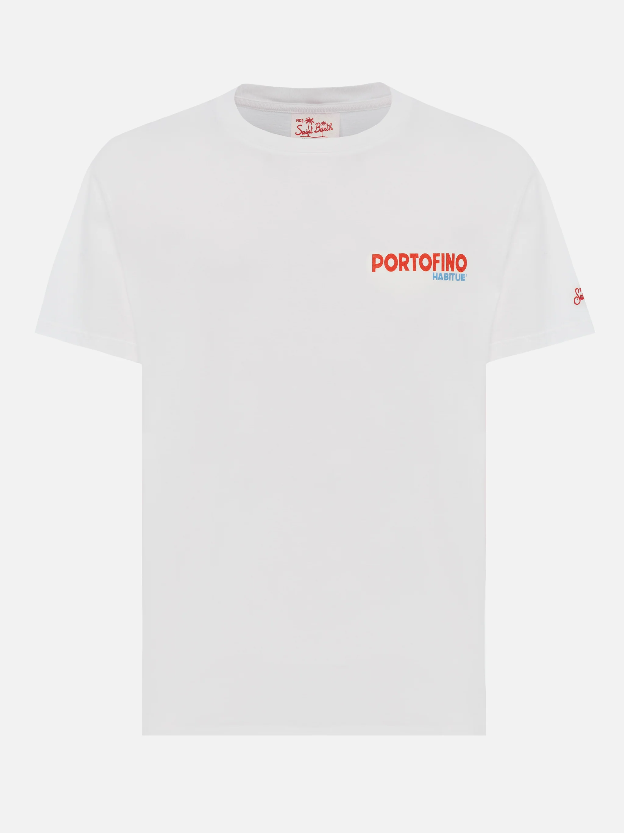 Heren katoenen T-shirt met print van een ansichtkaart van Portofino