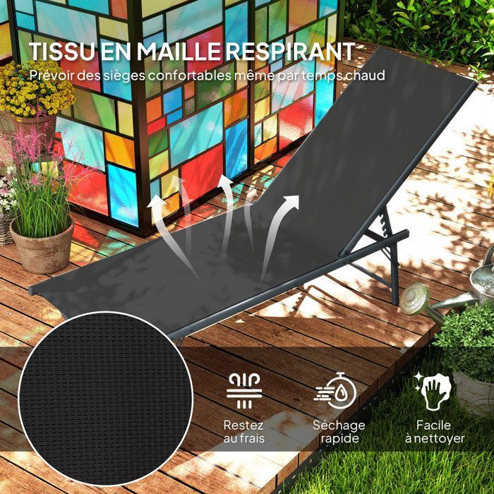 Juego de 2 tumbonas plegables y reclinables Outsunny de textilene, perfectas para relajarse en la playa o de camping - 54 x 164 x 84 cm - negro