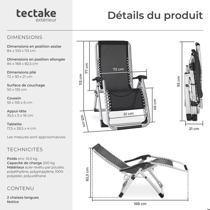 Chaise longue - TECTAKE - Lot de 2 bains de soleil pliables CLOUD réglables en continu en textilène respirant - Gris Clair