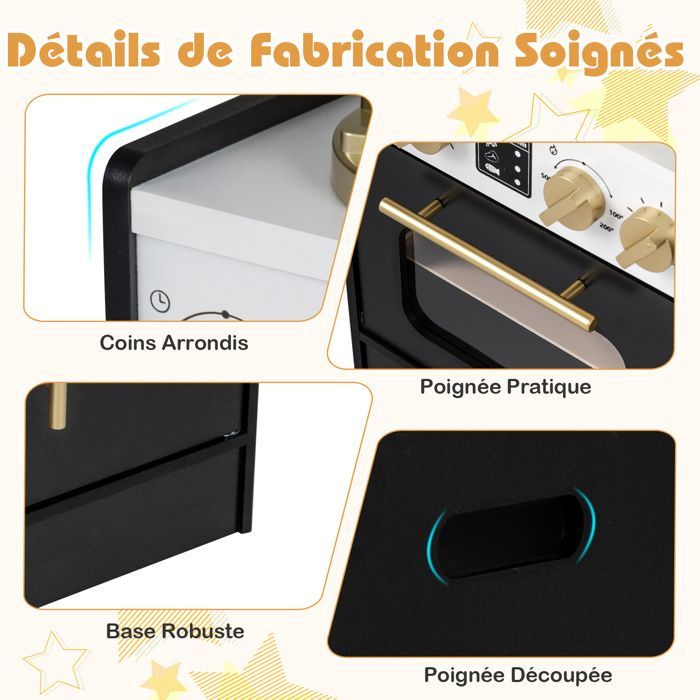 Cuisine Enfant COSTWAY en Bois 3Ans+, 12 Accessoires, Lumières et Sons, avecMachine à Glace, Micro-ondes, Machine à Café Noir