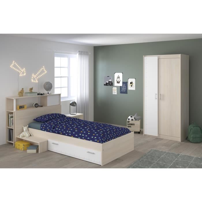 PARISOT Chambre enfant complète - Tête de lit + lit + armoire - Style contemporain - Décor acacia clair et blanc - CHARLEMAGNE