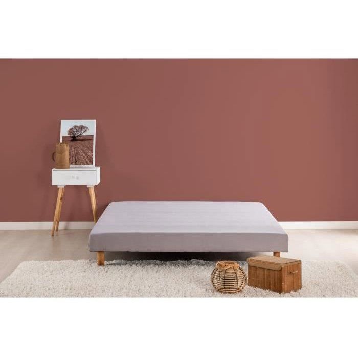Base de cama tapizada con somier de láminas DEKO DREAM Rakenne, 140 x 190 cm - Madera maciza gris + patas