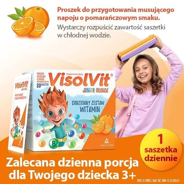 Visolvit Junior Orange, Zestaw witamin w saszetkach dla dzieci powyżej 3. roku życia, Smak pomarańczowy