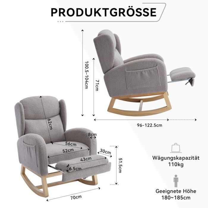 Grey rocking nursing chair with high back and adjustable footrest with pocket. Comfortable for living room and bedroom.