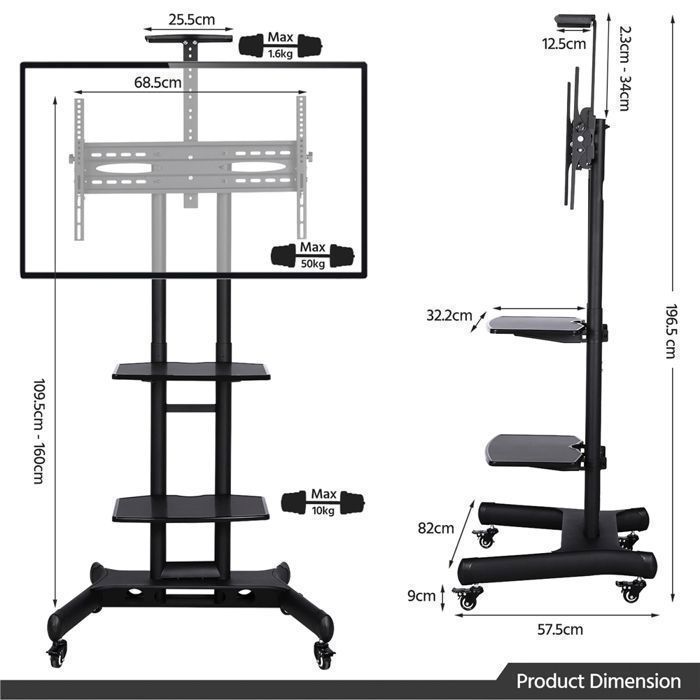 Soporte de TV independiente - 3 estantes - 2 barras, altura ajustable - Compatible con pantallas de 32 a 75 pulgadas (LCD/LED/Plasma), VESA máximo 600x400 mm, YAHEETECH