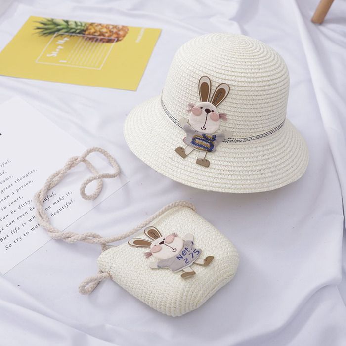 Conjunto de sombrero para niñas FUNMOON: Sombrero de paja + Bolso bonito para viajes al aire libre, playa y chanclas Panamá con girasoles - 336061