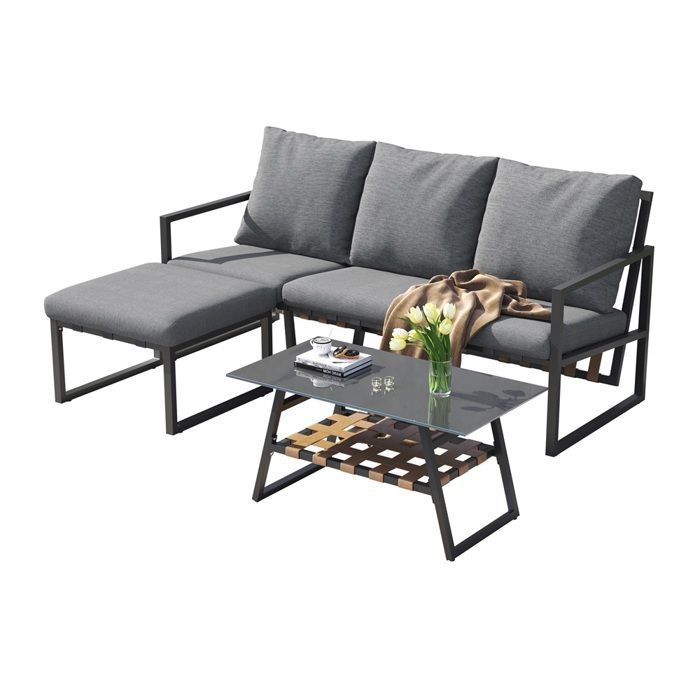 Grey Garden Set - Chair, Table, Tea Set, Footrest - Galvanized Steel, Glass - Ideal for Outdoor Pools, Durable, Comfortable