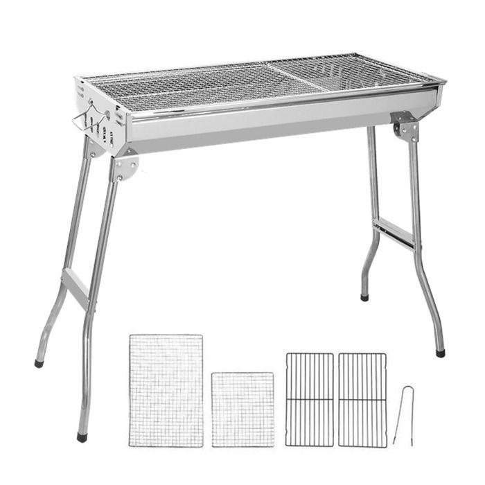 Barbacoa portátil INN® de 73 x 32,5 cm para 3-10 personas, de acero inoxidable 410, para carbón, con parrilla, ideal para acampar.