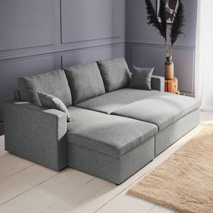 Sofá-cama de canto em tecido cinza claro - IDA - 3 lugares. Poltrona de canto reversível com compartimento de arrumação e cama modular.