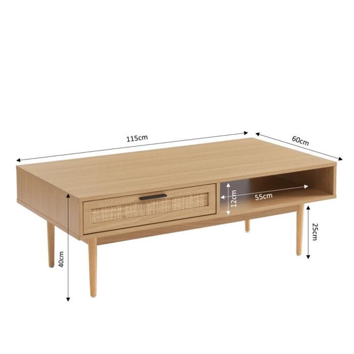 Mesa de centro AMANA con efecto roble y estructura de ratán, 115 cm - Madera